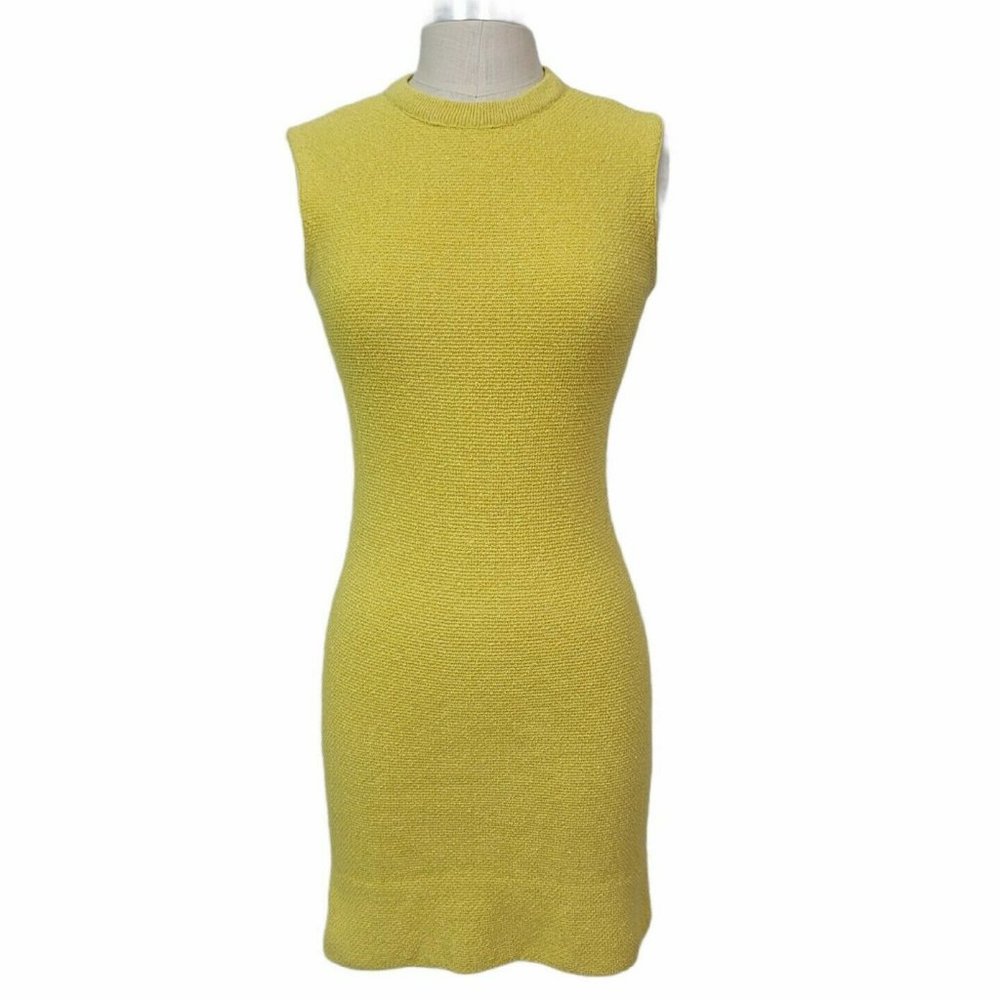 Vintage 60s 70s S Yellow Knit Sleeveless Mod Dress